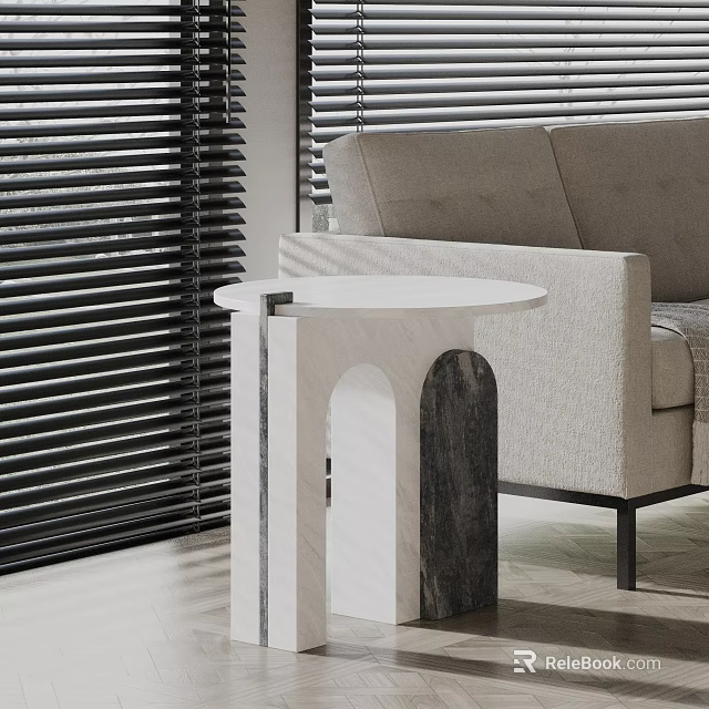 Modern Marble Side Table With Round Top Arched Base By Sofa And Blinds 3d model 