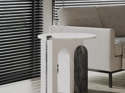 Modern Marble Side Table With Round Top Arched Base By Sofa And Blinds 3d model