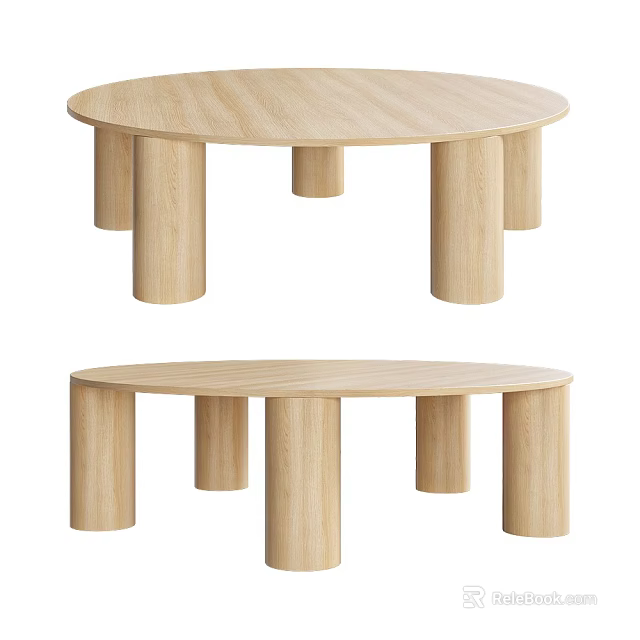 Modern Wooden Coffee Table With Round Top And Cylindrical Legs Design 3d model 