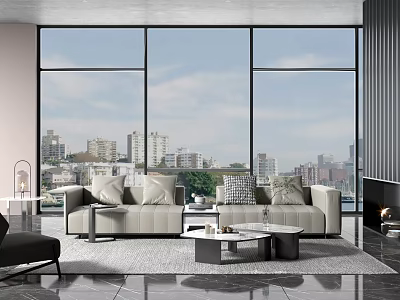 Modern Living Room Interior With Large Windows City View Sofa And Coffee Table 3d model