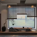 Modern Office Interior Featuring Chinese Elements Pendant Lights Bookshelves Computer Conference Table Chairs Projection Screen