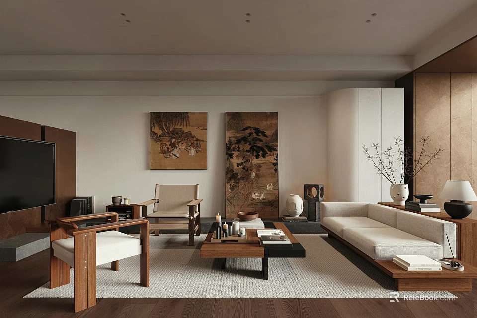 Modern Chinese Living Room Interior With White Sofa Wooden Coffee Table And Decorative Paintings 3d model 