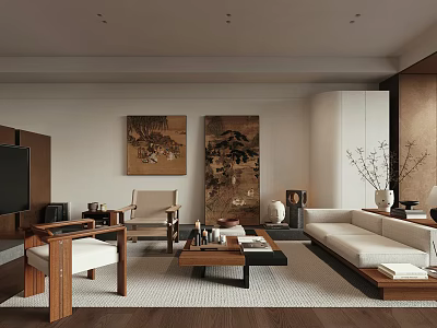 Modern Chinese Living Room Interior With White Sofa Wooden Coffee Table And Decorative Paintings 3d model