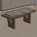 Wooden Bench With Patterned Fabric Cushion And Solid Wood Frame In Indoor Space 3d model