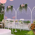 Decorative Garden Display Model With Green Plants Pink Flower Tree And White Railings 3d model