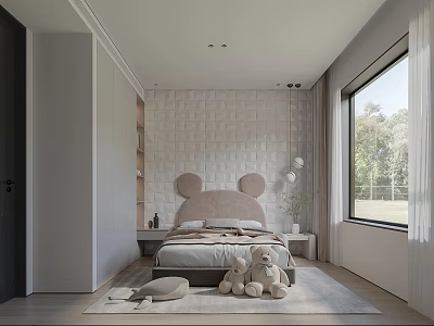 Cute Kids Bedroom Interior With Mickey Head Bed Stuffed Toys And Large Window 3d model