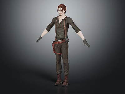 Detailed Red Haired 3D Character Model In Dark Overalls With Brown Boots And Black Gloves 3d model