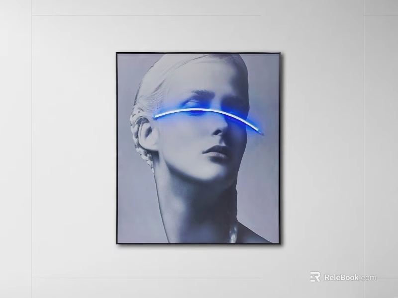 Modern Artwork With Woman's Side Profile And Blue Glowing Line On White Wall 3d model 