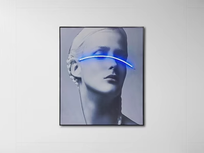 Modern Artwork With Woman's Side Profile And Blue Glowing Line On White Wall 3d model