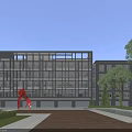 Modern Industrial Factory Building Featuring Large Glass Windows Greenery Red Sculpture Walkway And Water Pool