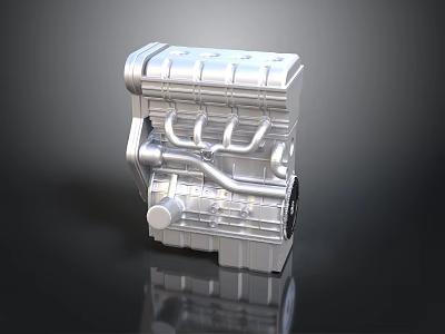 Silver Engine Model With Detailed Pipes And Mechanical Components On Dark Reflective Background 3d model