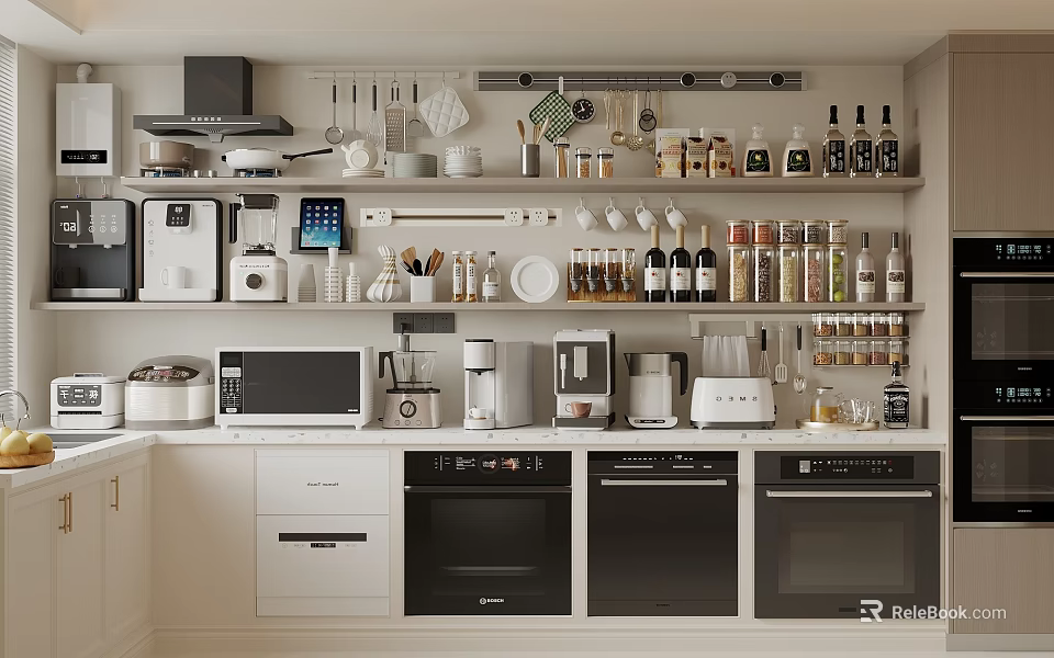 Modern Kitchen Shelves With Coffee Maker Microwave Oven And Essential Appliances 3d model 