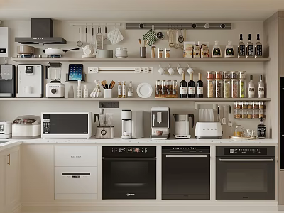 Modern Kitchen Shelves With Coffee Maker Microwave Oven And Essential Appliances 3d model