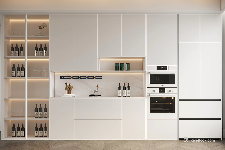 Modern Kitchen Interior Design With White Wine Cabinet Glass Door And Wine Bottles 3d model 