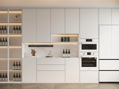Modern Kitchen Interior Design With White Wine Cabinet Glass Door And Wine Bottles 3d model