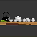 Traditional Green Tea Set On Wooden Tray With Teapot Cups Bowls Leaf Cloth And Chopsticks
