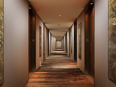 Modern Hotel Corridor With Guest Room Doors Textured Carpet And Decorative Wall Art 3d model