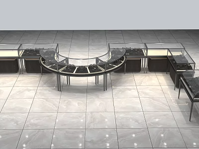Modern Curved Showcase Shelves in Retail Store with Glass Cases and Tile Floor 3d model