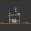 Wooden Dining Table With Candles Green Bottle Books And Cushions On Wooden Planks