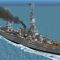 Battleship Sailing On Blue Ocean With Smoke From Chimneys And American Flag