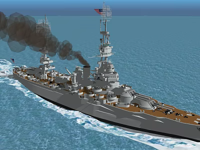 Battleship Sailing On Blue Ocean With Smoke From Chimneys And American Flag 3d model