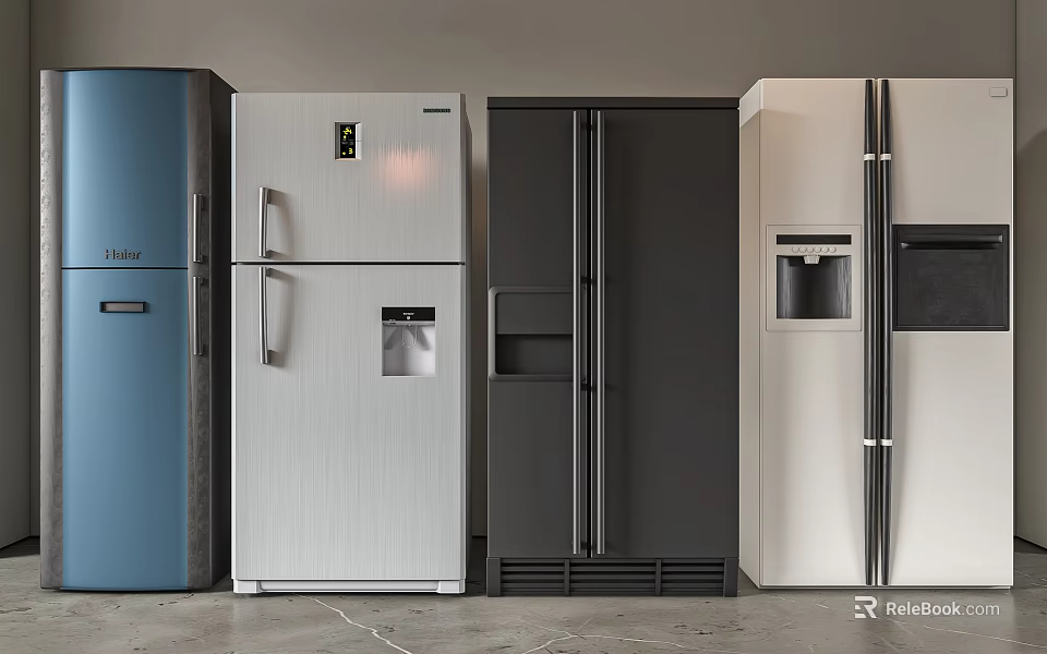 Various Modern Refrigerators in Blue Silver Black White with Water Dispenser And Multiple Door Designs 3d model 