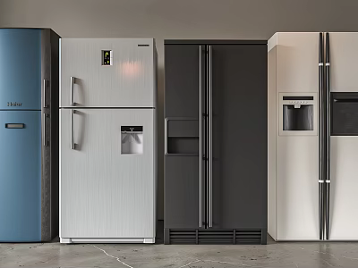 Various Modern Refrigerators in Blue Silver Black White with Water Dispenser And Multiple Door Designs 3d model
