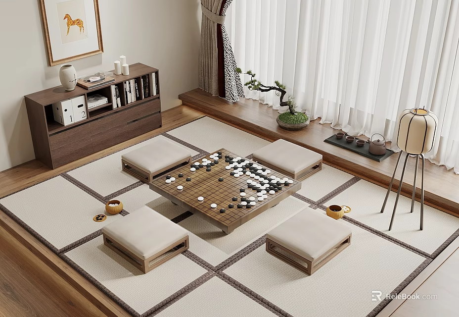 Tatami Bedroom Interior With Tatami Floor Board Game Cushions Tea Set And Bookshelf 3d model 