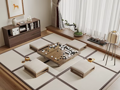 Tatami Bedroom Interior With Tatami Floor Board Game Cushions Tea Set And Bookshelf 3d model