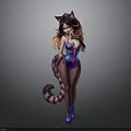 Anime Female Character With Cat Ears Tail Purple Blue Bodysuit Long Brown Hair Purple Boots