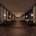 Modern Buffet Restaurant Interior With Long Counter Marble Flooring And Chandelier
