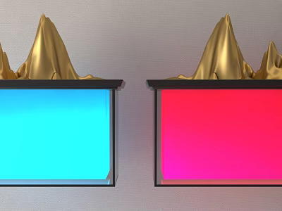Two Table Lamps With Golden Mountain Design And Blue Red Light 3d model