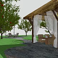 Apple Trees With Red Fruits In Garden Featuring Pavilion Grass And Stone Path