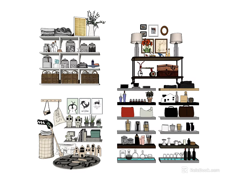 Stylish Multi Tiered Shelving Units For Home Storage And Decorative Display Items 3d model 