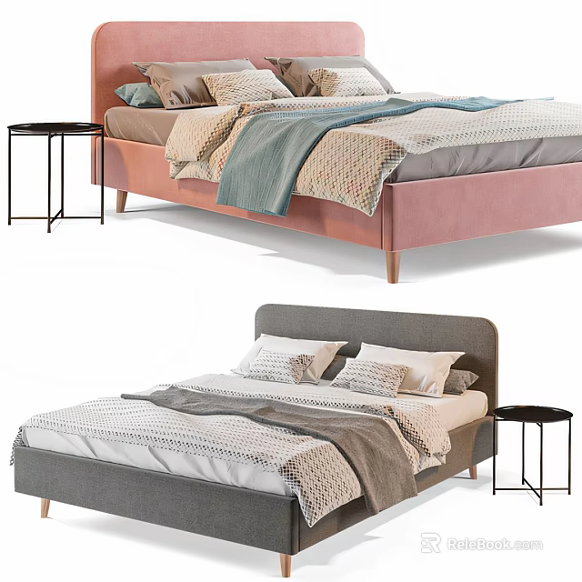 Modern Double Bed With Pink And Gray Headboard Nightstand Pillows And Blanket 3d model 
