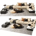 Modern Elegant Sofa Coffee Table Set With Pillows Rug And Side Stools 3d model