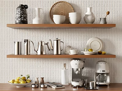 Stylish Kitchenware Display on Wooden Shelves with Ceramic Pots Vases Bowls Plates and Coffee Maker 3d model