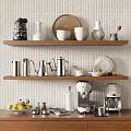 Stylish Kitchenware Display on Wooden Shelves with Ceramic Pots Vases Bowls Plates and Coffee Maker