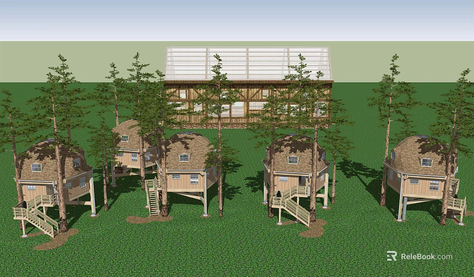 Elevated Treehouse Homestay Buildings Surrounded by Green Trees and Wooden Structures 3d model 