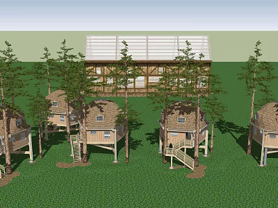 Elevated Treehouse Homestay Buildings Surrounded by Green Trees and Wooden Structures 3d model