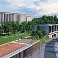 Modern School Building Exterior On Green Campus With Open Courtyard And Lush Trees