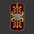 Ancient Roman Shield Weapon With Red Surface And Yellow Decorative Patterns And Silver Central Boss
