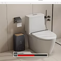 Modern White Toilet With Wall Mounted Toilet Paper Holder And Black Trash Bin In Bathroom