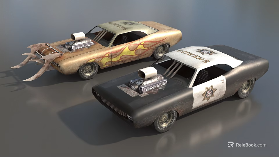 Classic Modified Sheriff Cars With Flame Graphics Hood Supercharger And Colorful Designs 3d model 