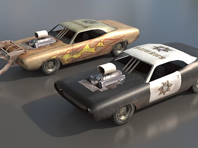 Classic Modified Sheriff Cars With Flame Graphics Hood Supercharger And Colorful Designs 3d model