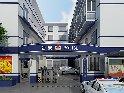 Public Security Police Station Building Exterior With Blue White Design And Police Cars 3d model
