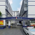Public Security Police Station Building Exterior With Blue White Design And Police Cars