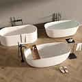 Modern White Bathtubs Oval Design on Herringbone Wooden Floor with Faucets Slippers and Tray