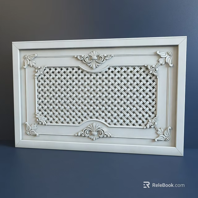 White Wall Decorative Panel with Carved Floral Details and Lattice Pattern 3d model
