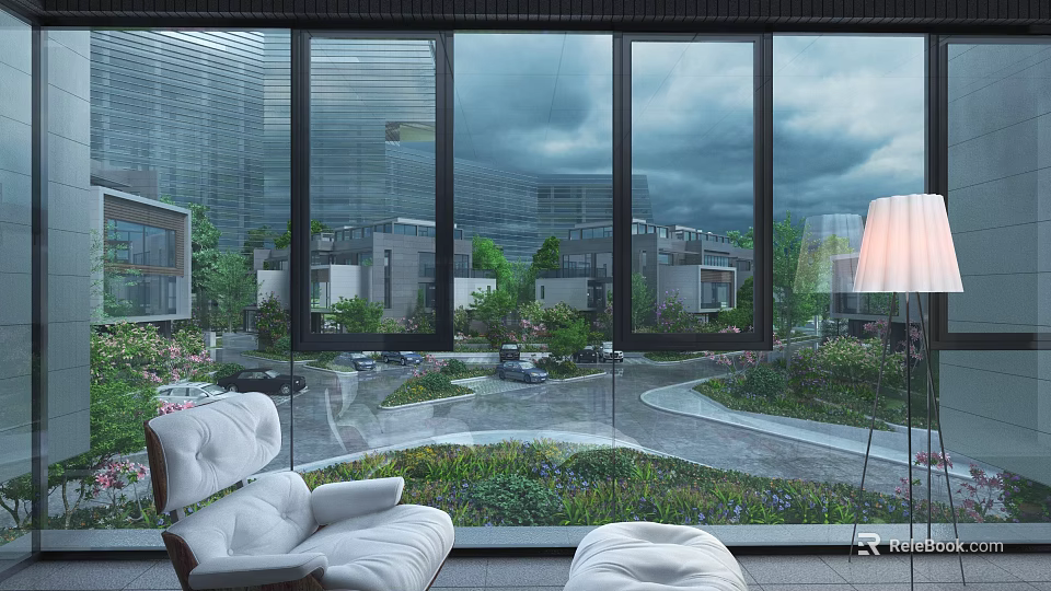 Modern Townhouse Interior With Large Floor to Ceiling Windows Scenic Garden View And Cozy Seating Area 3d model 